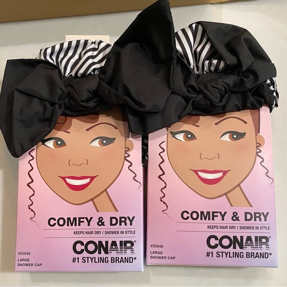 Shower Cap 2 pc bundle Conair Comfy & Dry Full Size Bow Stripe #55948